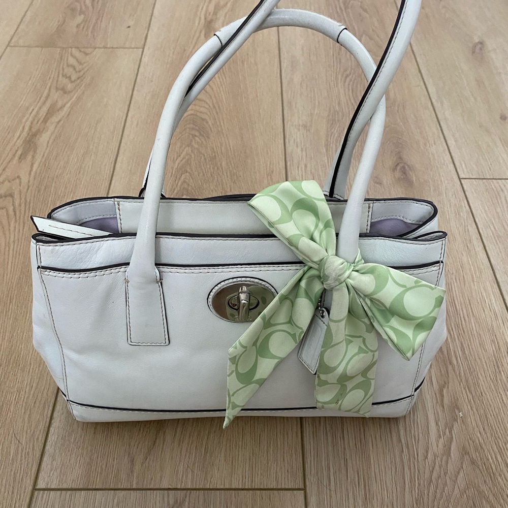 Coach White Shoulder Bag with Green Bow Accent